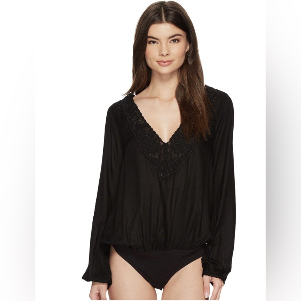 Free People Womens Embroidered V Neck Jezebel Bodysuit Top